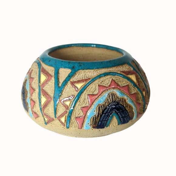 Vintage Studio Art Etched Pottery Short Vase Bojo Rainbows SIgned BW - Picture 4 of 6